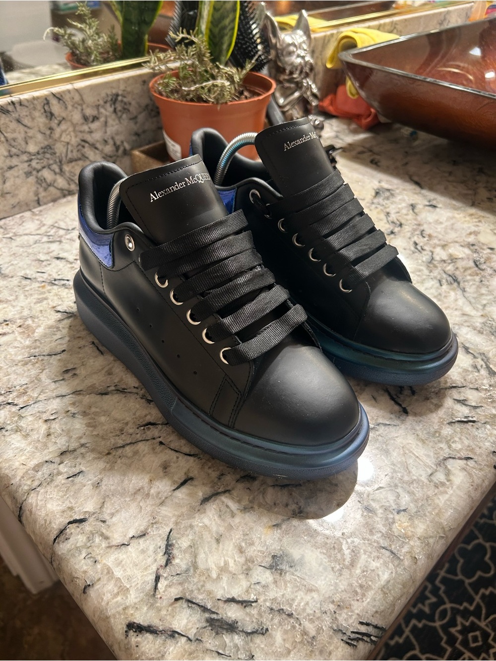 Alexander McQueen Black Leather Sneakers with Blue Heel Tab